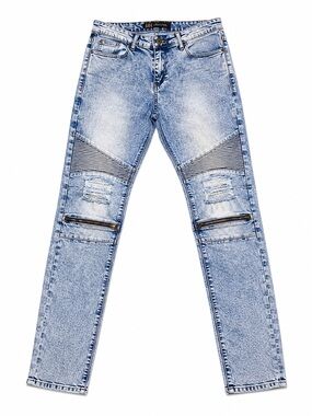 ROK Hand Crafted Moto Acid Wash Distressed Jeans W34 L32 Zipper Knee Biker Denim